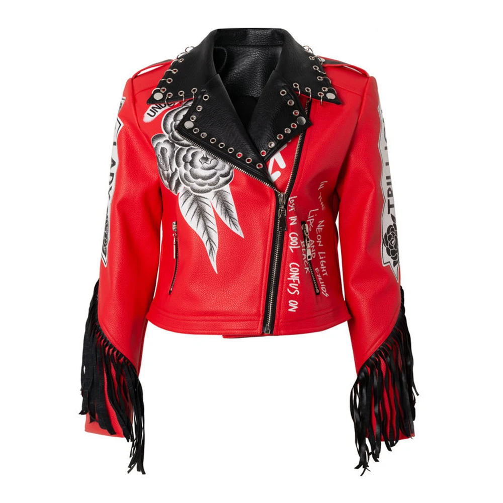 Red Motorcycle Jacket Rock Woman's Biker Coat Wear Resistant Women's Motorcycle Jacket PU Material Punk Jacket Long Rivet