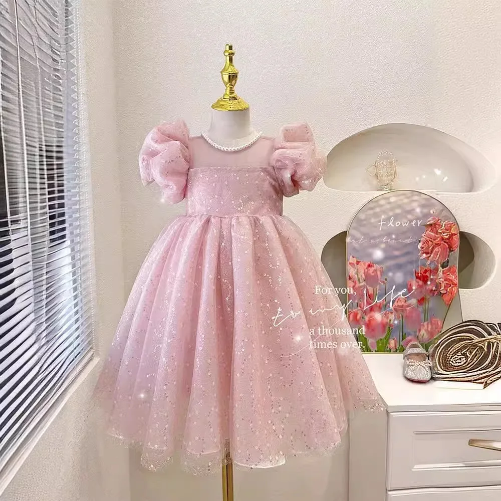 

2024 New Summer Girls Sequins Fuffly Mesh Princess Ball Gown Children Cute Puff Sleeve Birthday Party Dress y1225