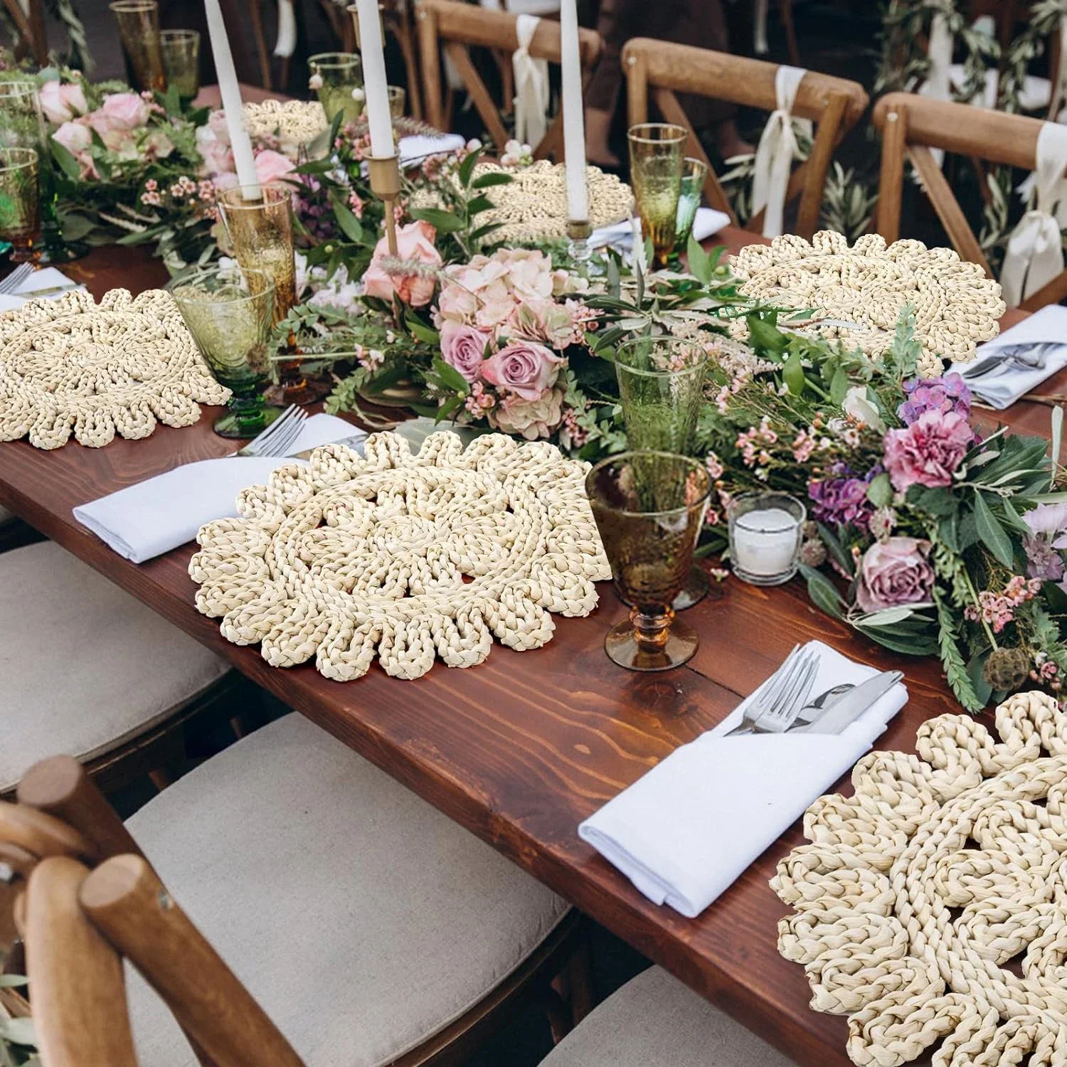 12-4PCS Wedding Woven Placemats Boho Farmhouse Tablemat Individual Christmas Rattan Tablemats for Baby Shower Party