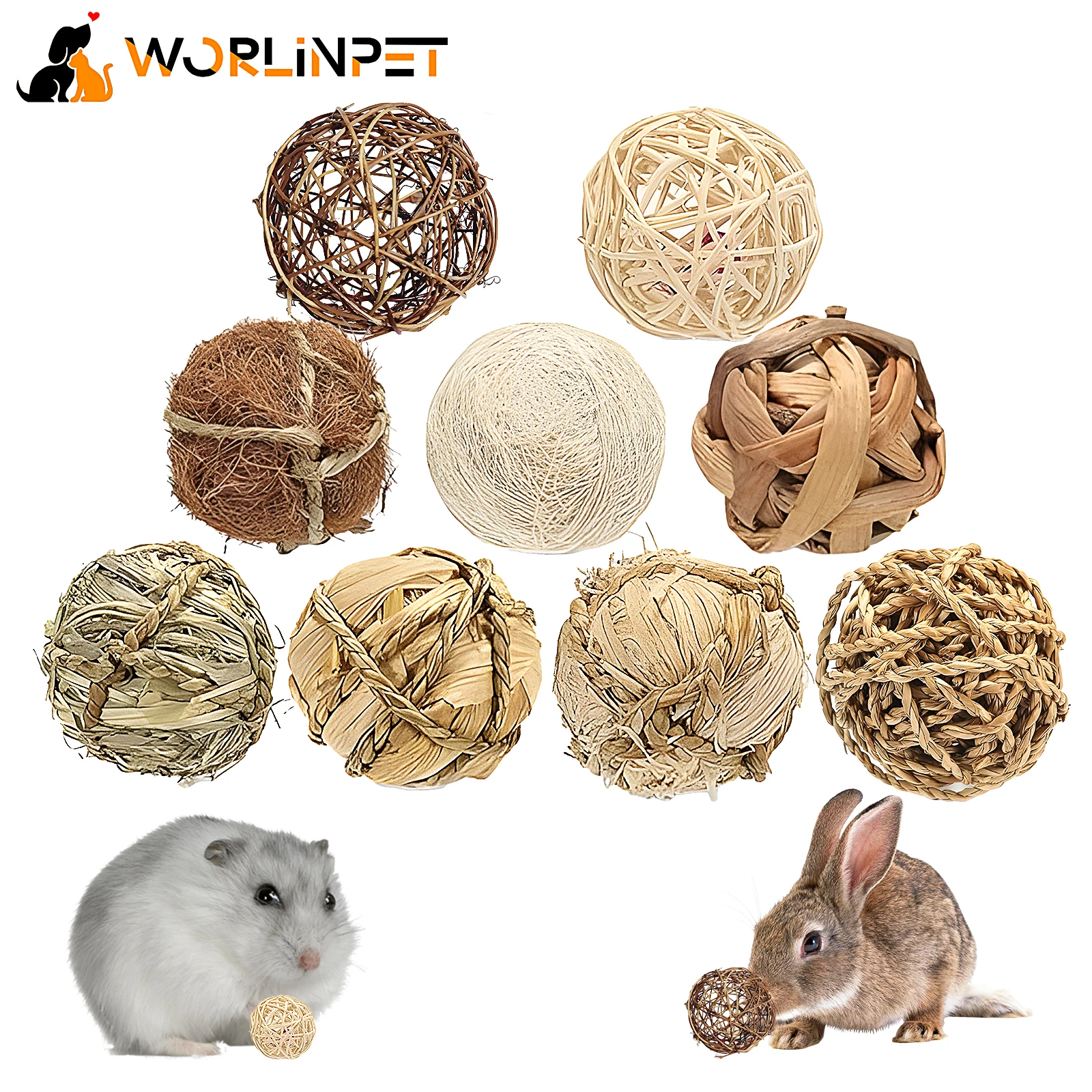 Small Animals Play Balls, Chew Grass Balls & Rolling Chew Toys for Bunny, Improve Pets Dental Health for Rabbit, Chinchilla, Gui