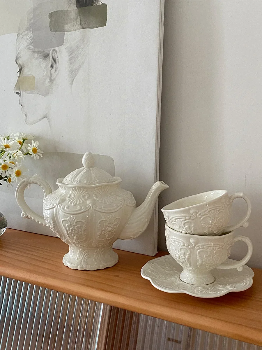 Ceramic European Style Tea Set French Relief Butterfly Flower Palace Pot Black Tea Cup Afternoon Tea Coffee Cup and Plate