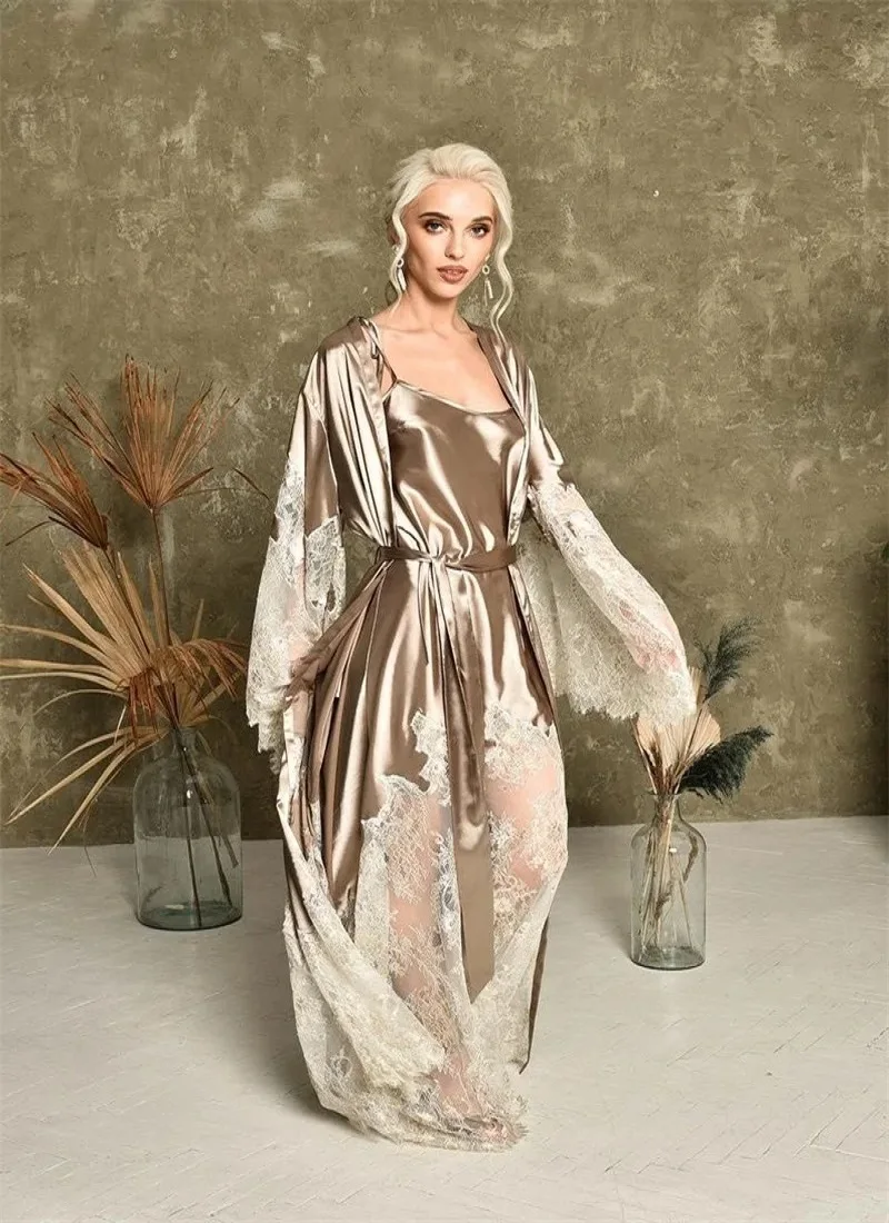 Aangepaste twee stukken bruid nachtkleding gewaden zijde satijn kant lange mouwen jurk jurken vrouwen bruids nachtkleding babydoll pyjama