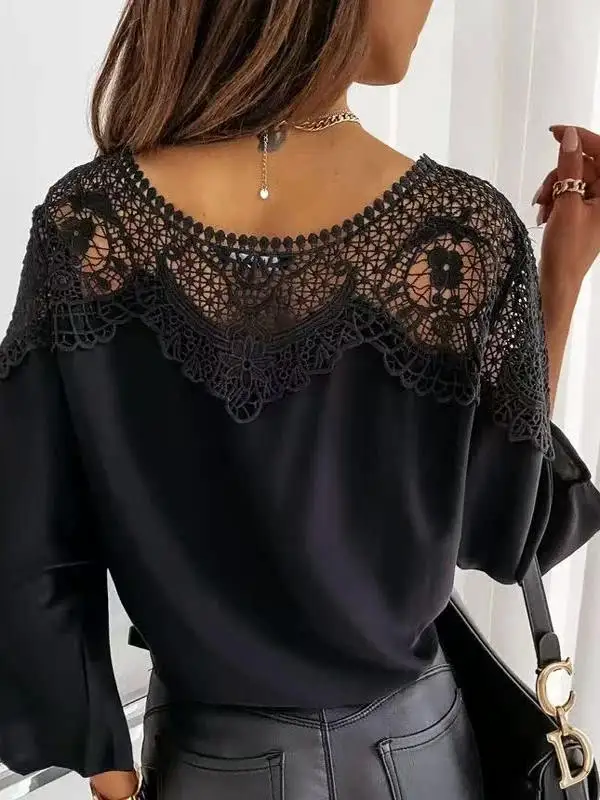 ピュアカラーレース長袖シャツレディースストリートスタイルルーズフィットプリンセススリーブラウンドネックカジュアルファッション春夏