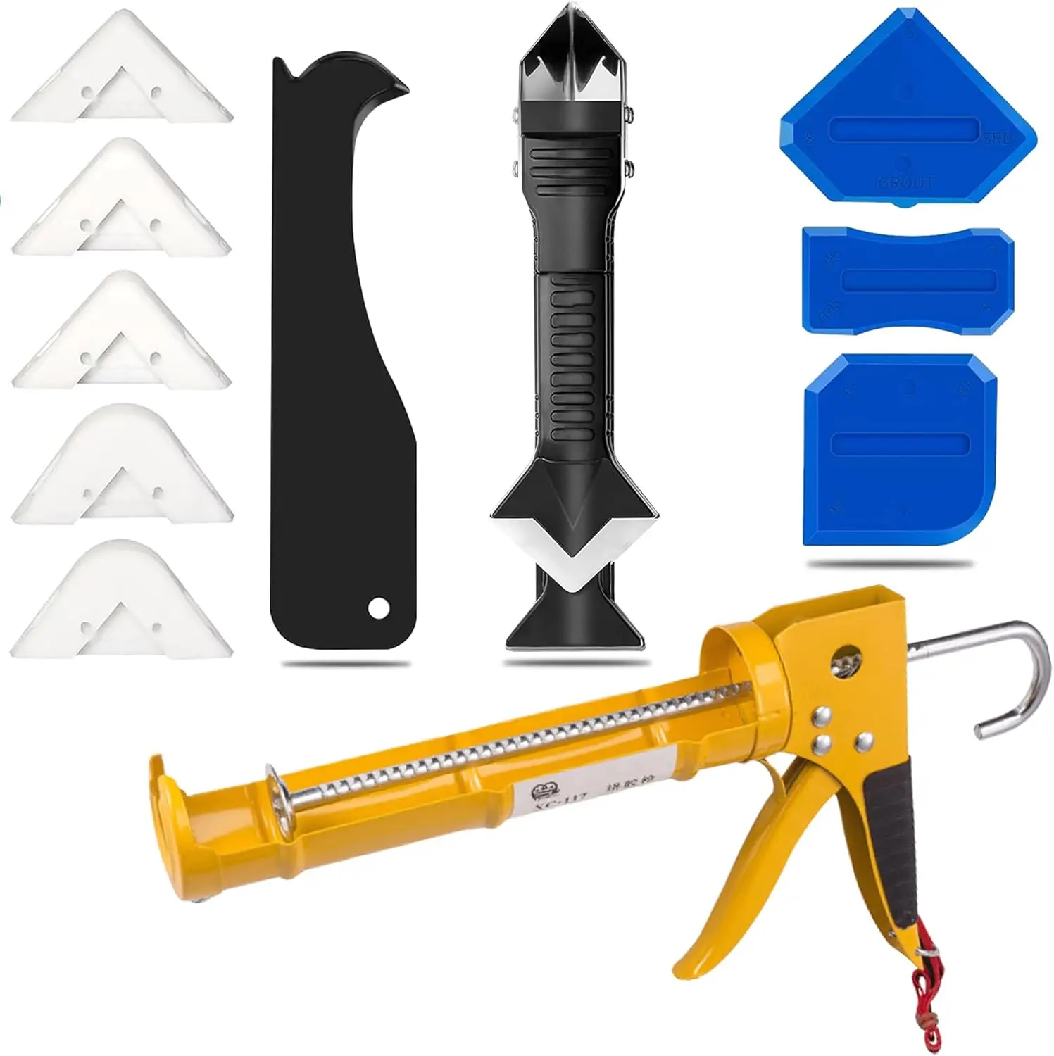10oz Caulk Gun Kit with Remover, Finishing Tool & Scraper - 10:1 Thrust Ratio for Precise Home & Outdoor Repairs