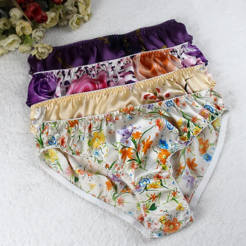 

5pcs/lot Plus size silk panties mulberry silk crepe satin print thin breathable mid waist briefs shorts female