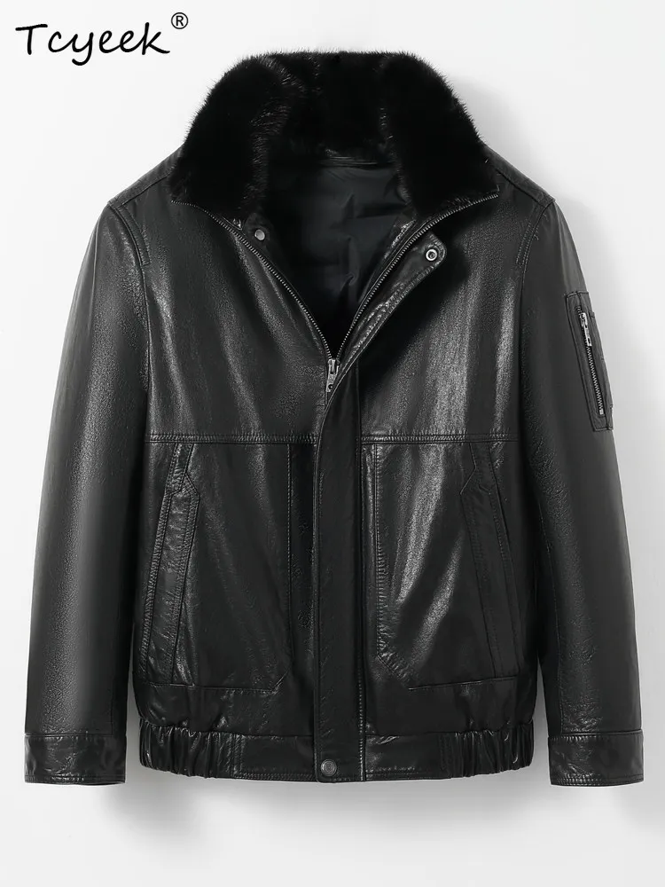 Tcyeek Top Layer Cowhide Genuine Leather Jacket Men Autumn Winter Clothes 90% White Duck Down Coats Mens Coats Куртка Мужская