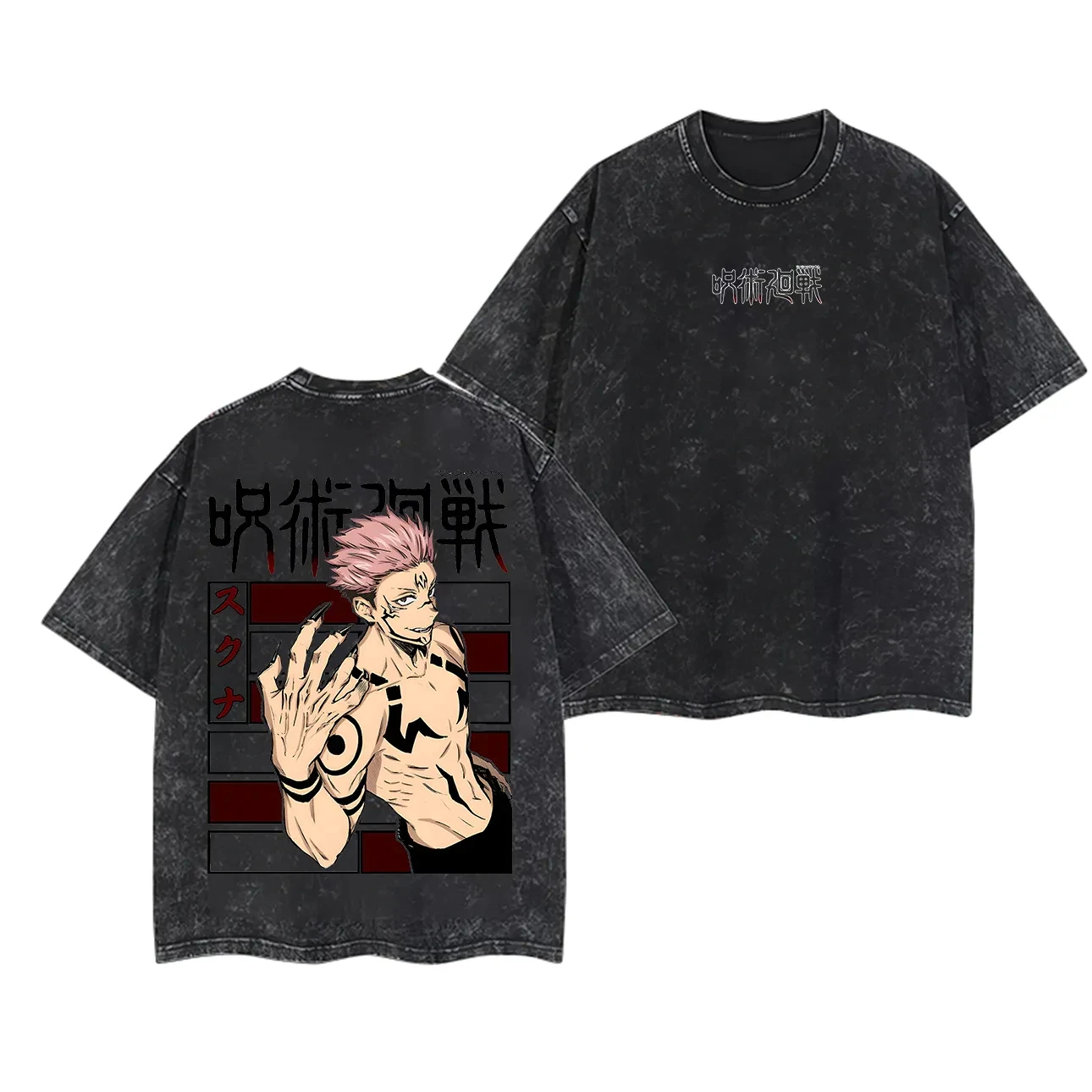 

Футболка Ryomen Sukuna Jujutsu Kaisen мужская винтажная с эффектом кислотной стирки, оверсайз, хлопковая, с графическим принтом «Проклятый Король» и тату, в стиле аниме, уличная одежда