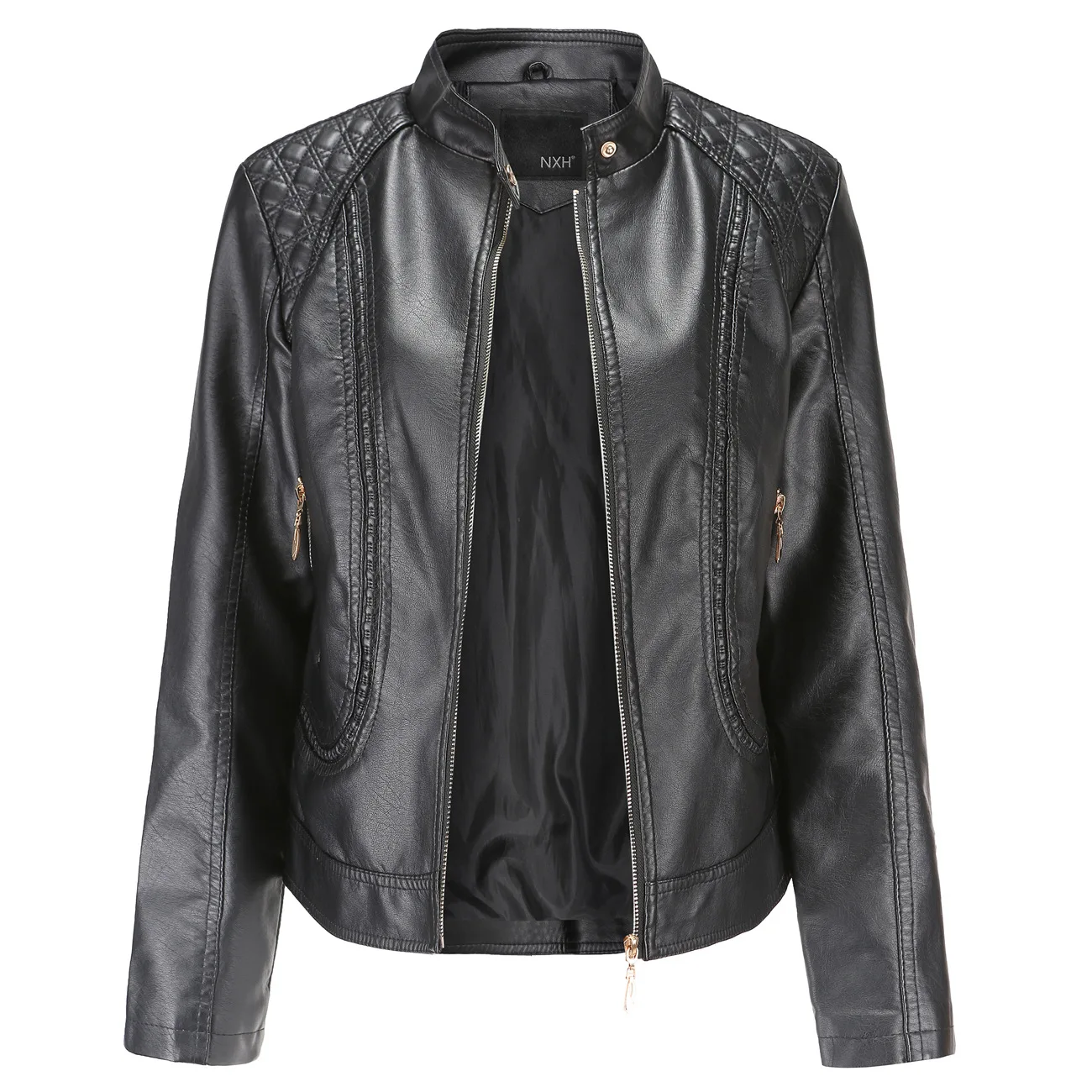 Women's Casual Windproof PU Leather Jacket, Motorcycle Black Sports Coat, Large, Zipper leather women's top