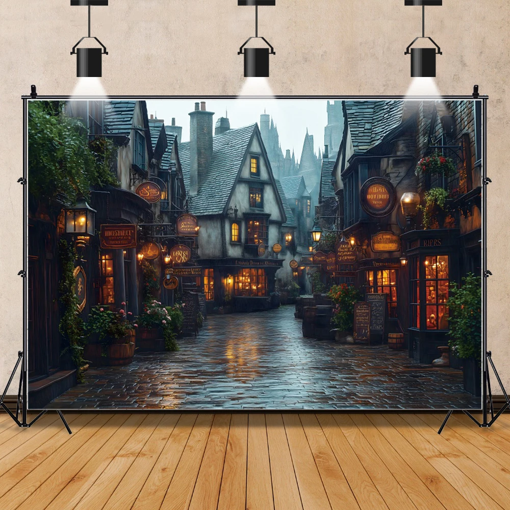 

Magic Town Street Photography Backgrounds Magical Happy Halloween Birthday Party and Home Decor Backdrop Photo Studio Props
