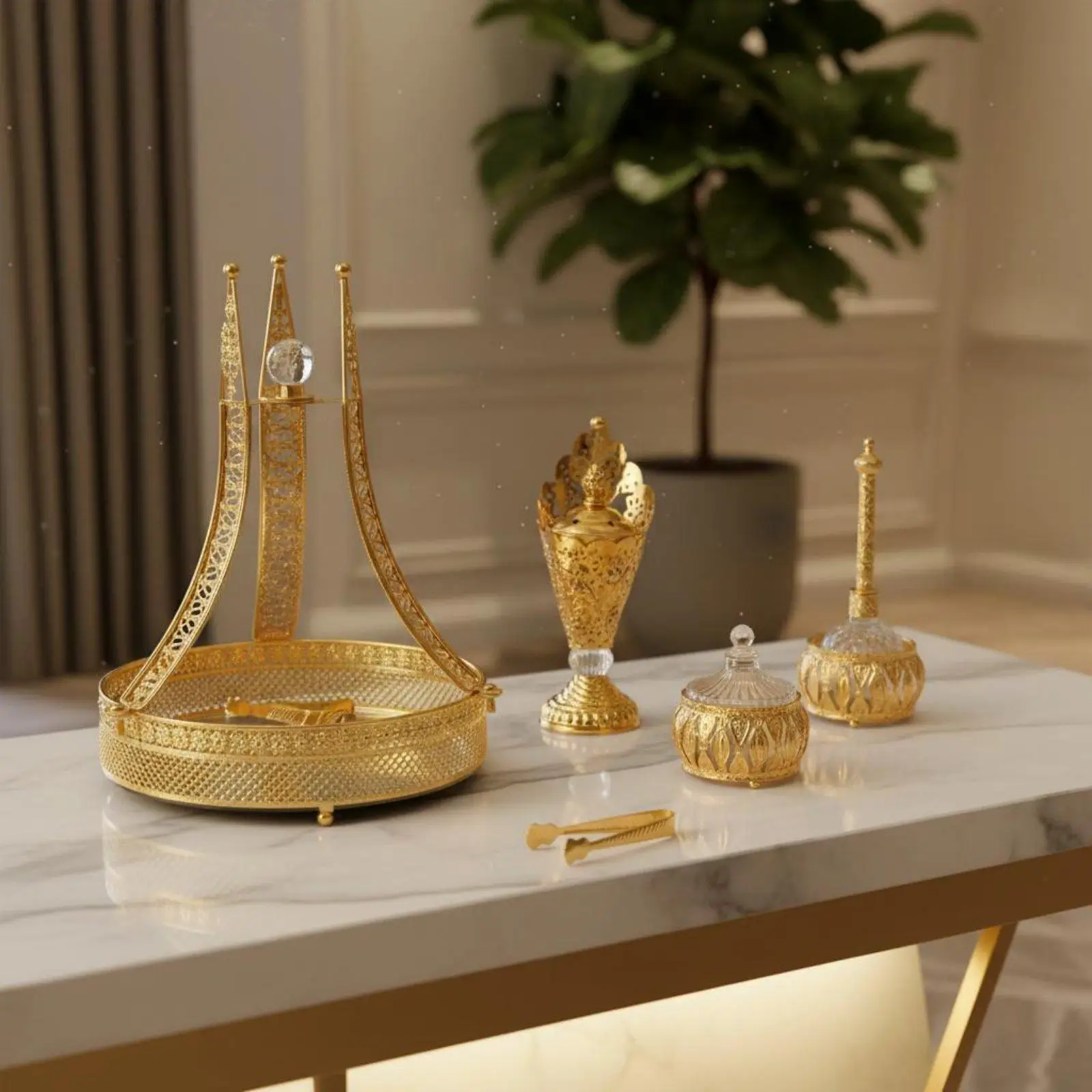 5 Pieces Arabian Incense Burner Set Rhinestone Design Home Ornament