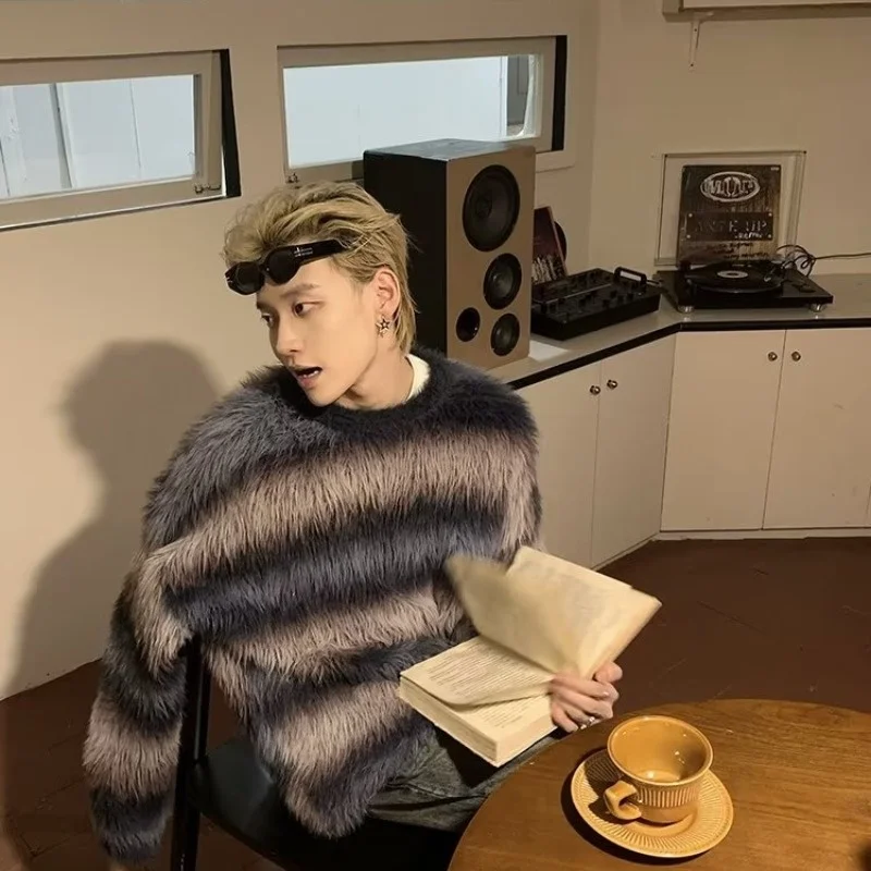 

Autumn Winter Large Size Men's Knitted Sweater Striped Color Blo Cleanfit Sle American Top Loose Fit Long Sve Crew Ne