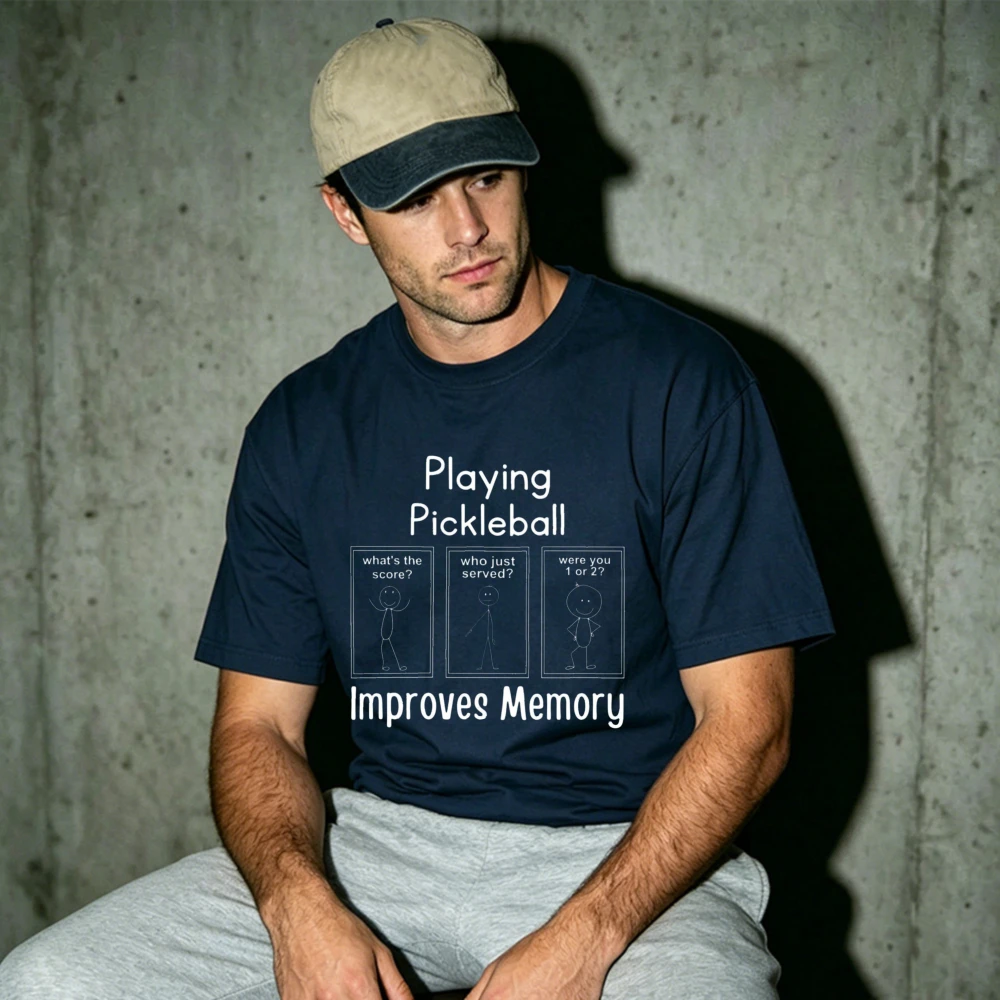 Playing Pickleball Improves Memory Retro Distressed Print Mens Cotton Tee Sports Humor Short Sleeve Shirts for Game Day