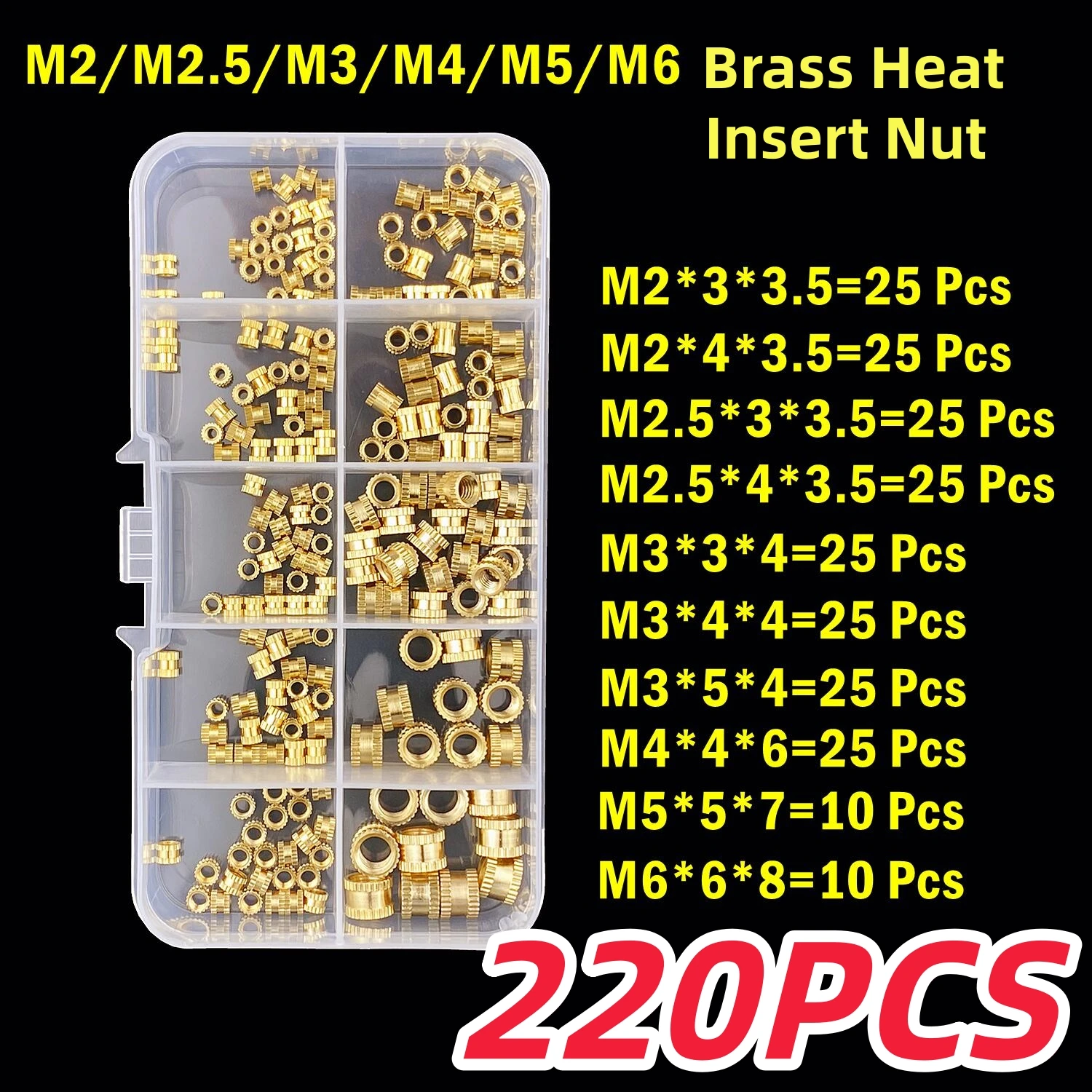 220PCS M2-M6 Brass Heat Insert Nut Hot Melt Nutinsert Thread Knurled Double Twill Embedment Nuts 3D Printer Accessories