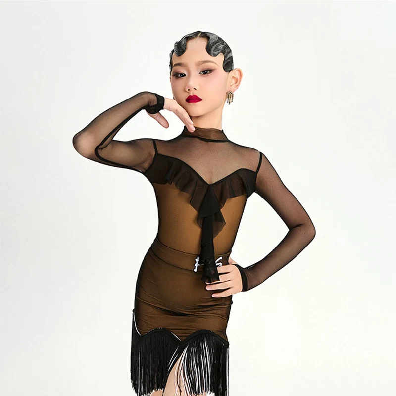 

Girls Latin Dance Competition Dress Mesh Long Sleeves Fringe Dress Kids Cha Cha Rumba Samba Dance Costume Latin Dress DNV21703