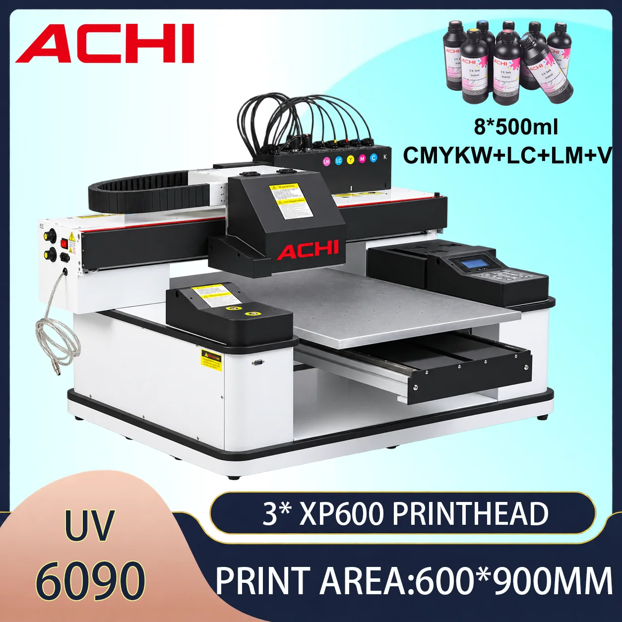 ACHI 6090 UV Printer XP600 3 Printheads LED Flatbed Printing Machine for Phone Case Leather Acrylic Crystal Cards CD Custom Printing