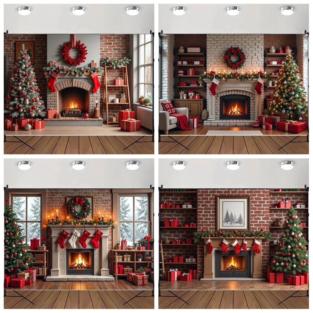 

MOON.QG Background Photography Christmas Trees Fireplace Red Sock Gifts Backdrop Props Photobooth Decoration Studio Photobooth