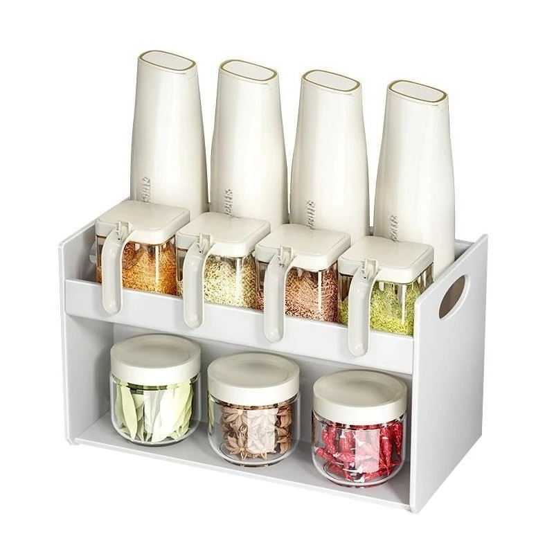 

Kitchen Household Shelf Oil Salt Sauce Vinegar Seasoning Bottle Wall Hanging Salt Seasoning Jar Storage Box Combination Set