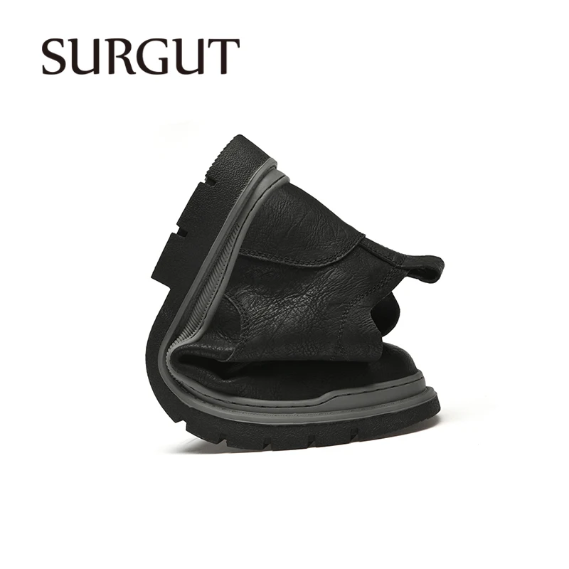 SURGUT Men\'s Fashion Casual Boots Leather Ankle Boots British Style Autumn Winter Warm Fur Comfortable Shoes Durable Men Boots