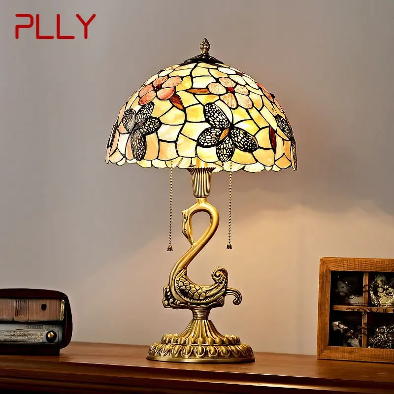 PLLY Modern Brass Swan Table Lamp LED European Luxury Shell Decor Retro Copper Desk Light for Home Living Room Bedroom