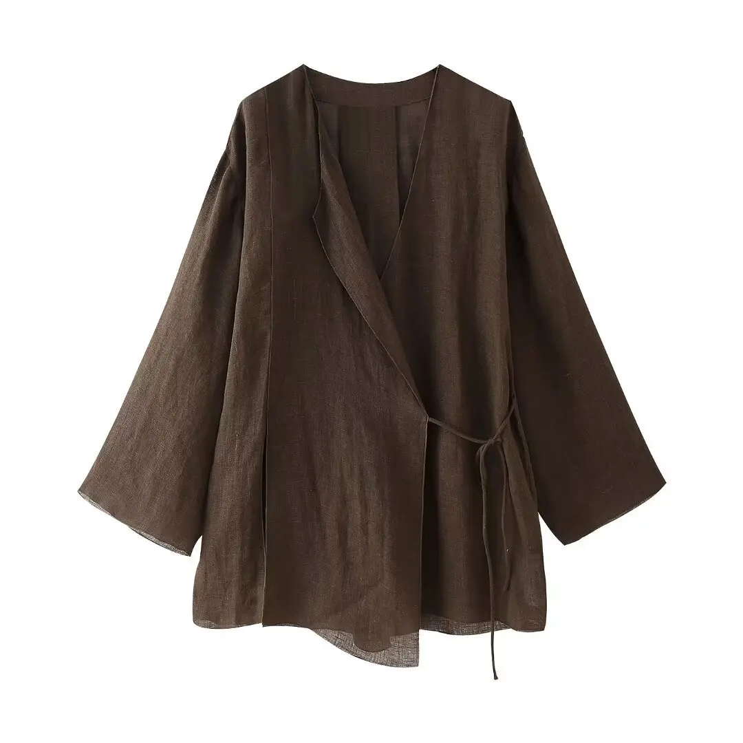 2024 Summer New Spring Linen Suits for Women Fashion Linen Brown Cardigan Kimono Top + Lace Up Wild Casual Women's Wide Leg Pant