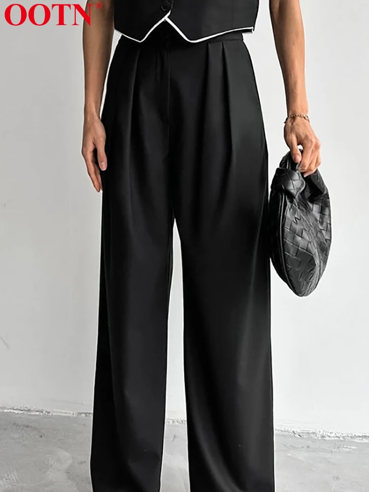 OOTN Casual Woman Suits V Neck Sleeveless Tops Two Piece Sets Female Long Pants 2024 Summer Fashion Button Up Women Outfits