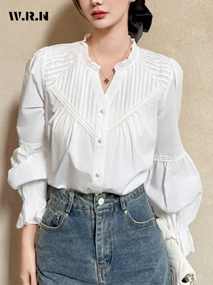 Fairy Elegant Long Sleeve Round Neck Solid Color Ruffles Shirts 2025 Spring Women Casual Classic Office Lady Basics Blouse