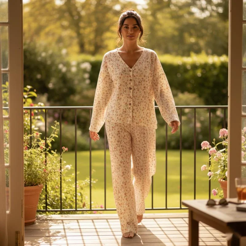 

Women's Pajama Set Cotton Fabric Floral Pattern Long Sleeve Top Loose Pants Relaxed Fit Comfortable Home Daily Wear Autumn Style