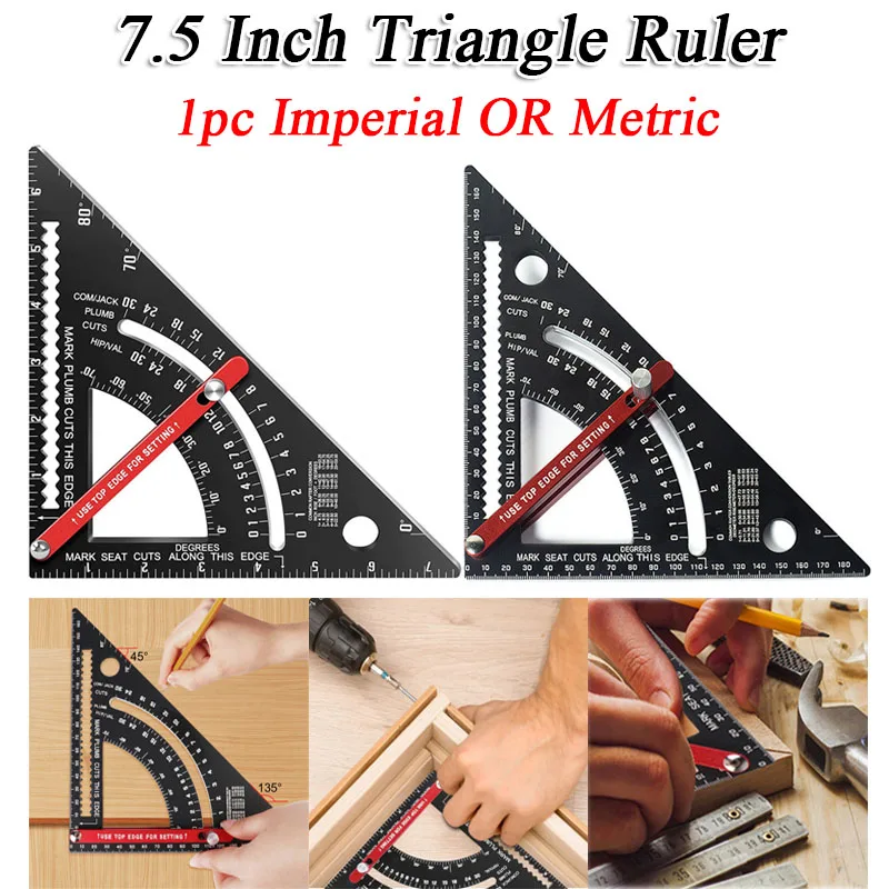 1pc 7.5 Inch Metric OR Imperial Aluminum Alloy Triangle Ruler Woodworking Adjustable 45° 90° Protractor Carpentry accessories