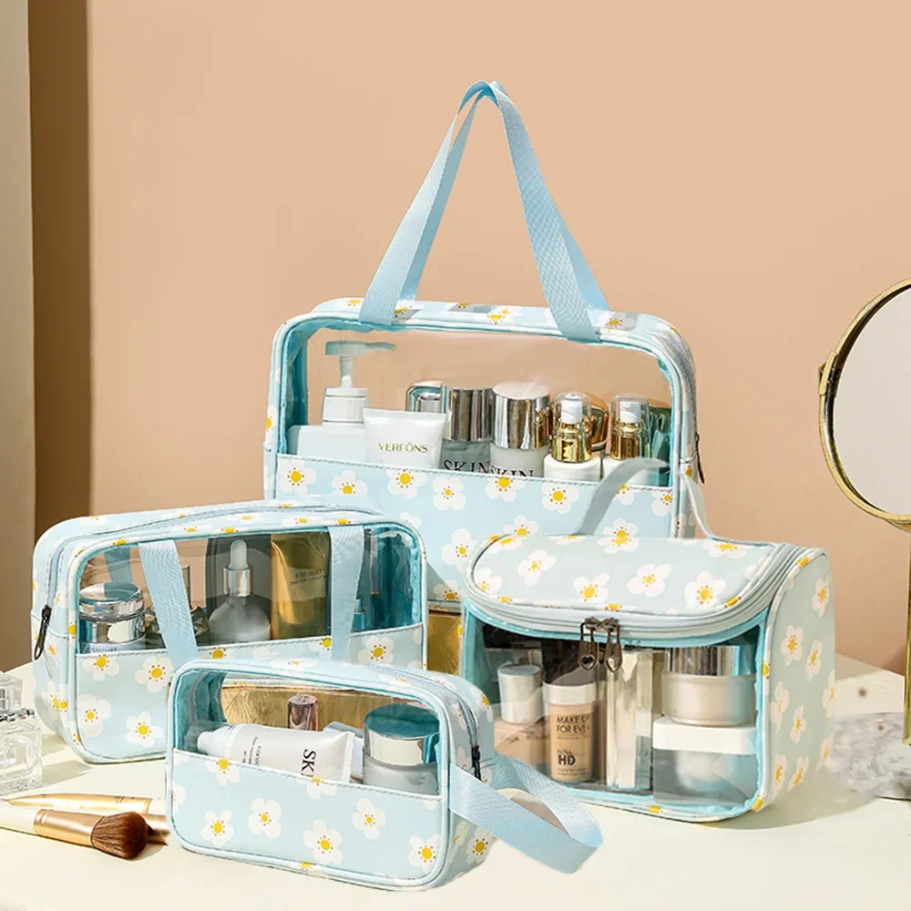 

4PCS PVC Makeup Bag Flower Printed Transparent Wash Handbag Waterproof Travel Cosmetic Pouch Convenient Toiletries Bag CoinPurse
