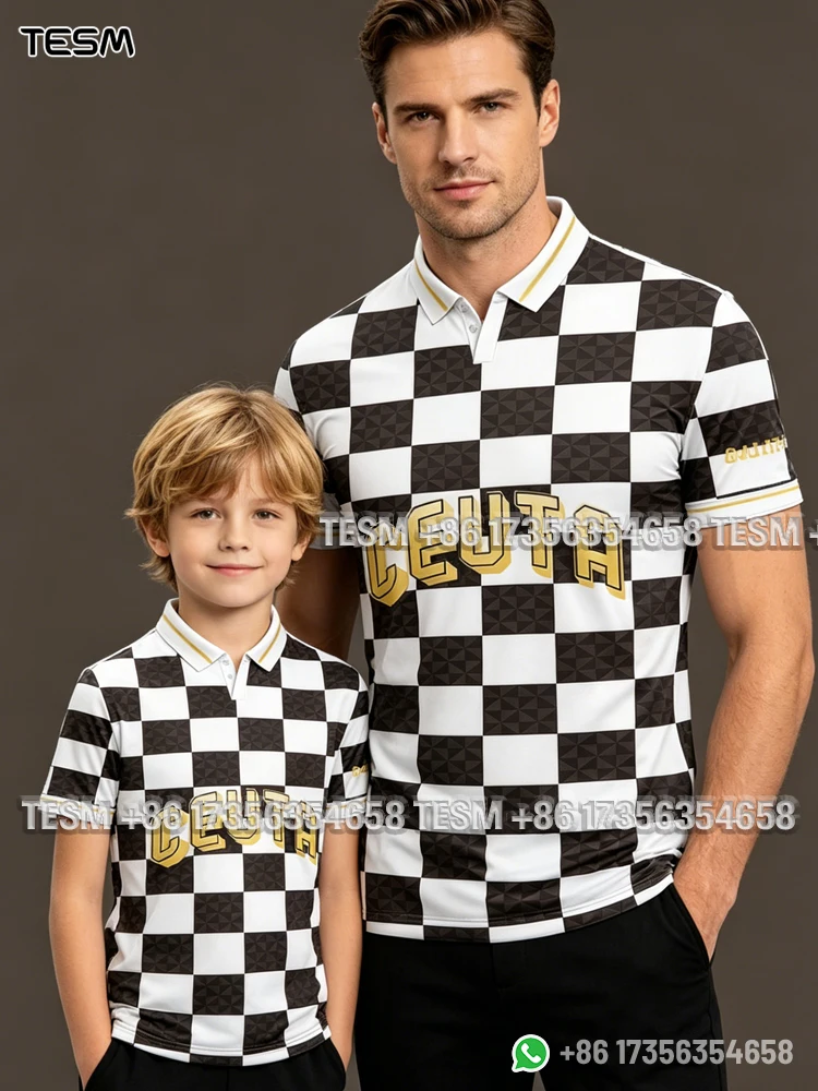 TESM Men Checkered Print Polo Shirt Parent-Child Short-Sleeved Collared T-Shirt Training Sports Shirt Street Casual Top