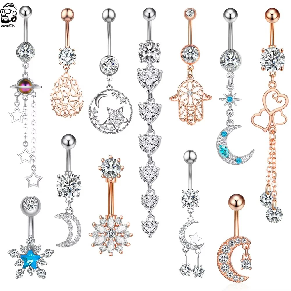 Heart Star Chain Dangle Belly Button Rings 7 Crystals Navel Belly Piercings Ombligo Women Steel Moon Series Body Jewelry Oreja