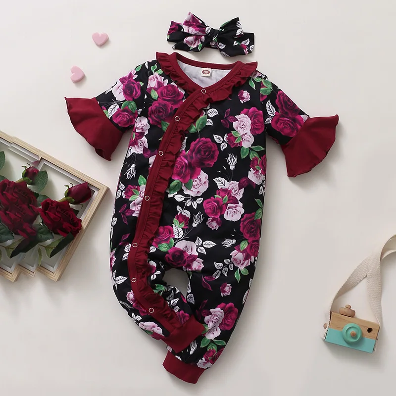 0-18Months Newborn Baby Girls Gorgeous Rose Floral Ruffle Short Sleeve Jumpsuit + Headband Toddler Baby Girl Festival Costumes