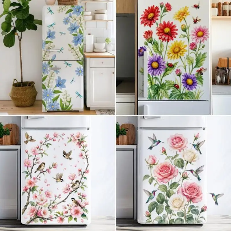 Colorful Floral Print Refrigerator Stickers Self-Adhesive Removable Waterproof Decals for Home Kitchen Cabinet Decor