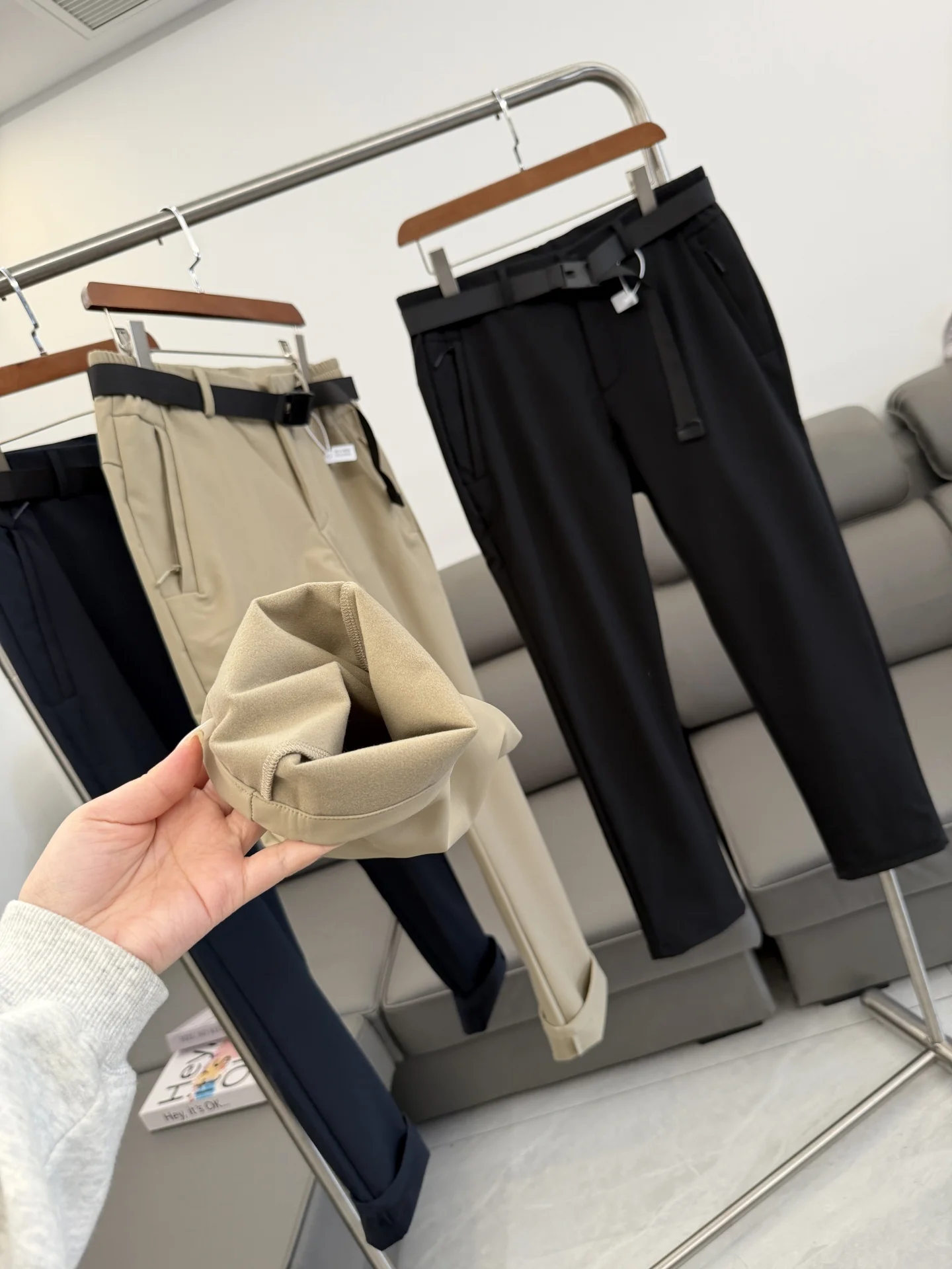 

Thiened Fce Winter Men's Casual Pants Windproof Waterproof Soft ell Belted Waist Warm Casual Trousers for Daily Use