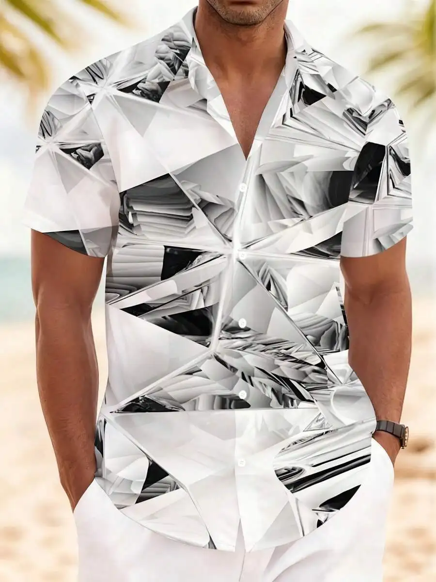 

Mens 3D Printed Abstract Crystal Prism Pattern Casual Short Sleeve Button Down Shirt