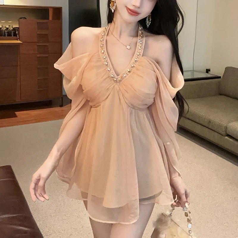 

French Style Sexy Off Shoulder Women Tops Halter Neck Long Sleeved Ruffles Shirt Slim Diamond Lady Blouse