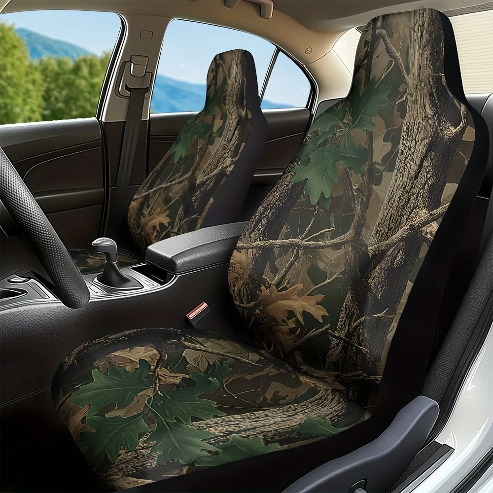 

2pcs Forest Camouflage Print Front Seat Covers - Durable, Foldable, Polyester Fiber, Machine Washable, Universal Fit For Most Se