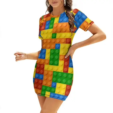 Building Blocks Construction Brick Short-Sleeved Dress women's clothing trend 2025 Elegant gowns dress dresses Dress