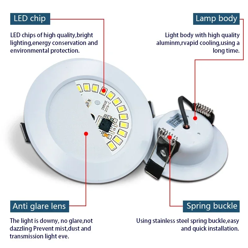 Downlights LED redondos para teto, embutida para baixo luz, spotlight painel, iluminação interior, 220V, 3W, 5W, 7W, 9W, 12W, 15W, 6pcs por lote