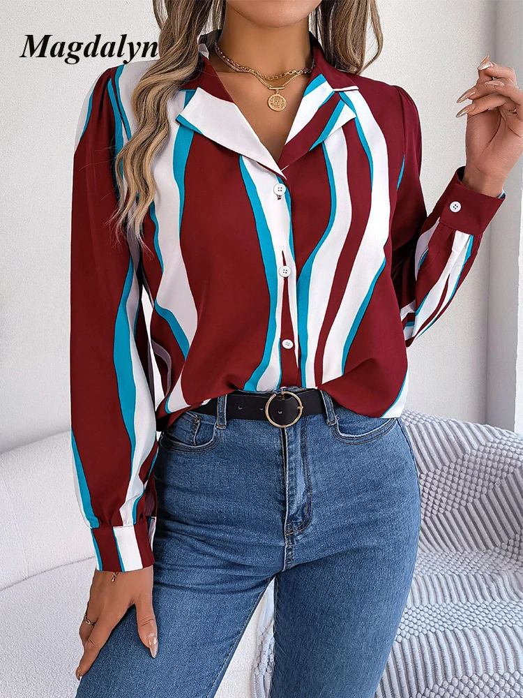 Magdalyn Women Striped Chiffon Blouse Autumn Winter Fashion Streetwear Office Lady Blouses Long Sleeves Turn-down Collar Tops