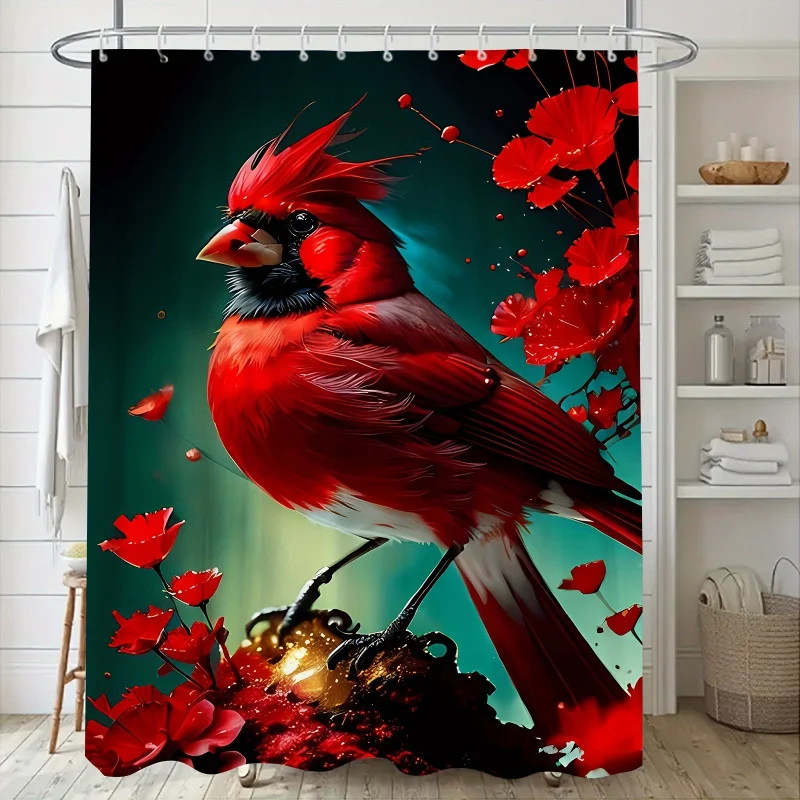 1/3/4PCs Cardinal red flower printed set, waterproof shower curtain with hooks, non-slip bath rug, toilet U-shape