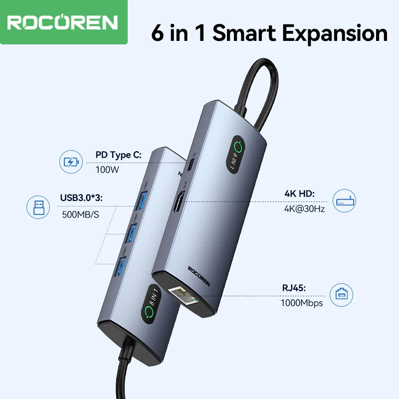 Rocoren 6 in 1 USB C Hub RJ45 4K@30Hz USB 3.0 Splitter PD 100W Type C Dock Station For Macbook Air Pro Samsung Xiaomi Laptop PC