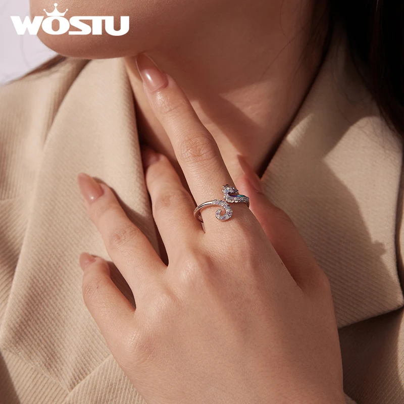 WOSTU Rainbow Dreamy Seahorse Open Ring For Women, Hypoallergenic White Gold Plated Ocean Animal Rings Holiday Jewelry Gift