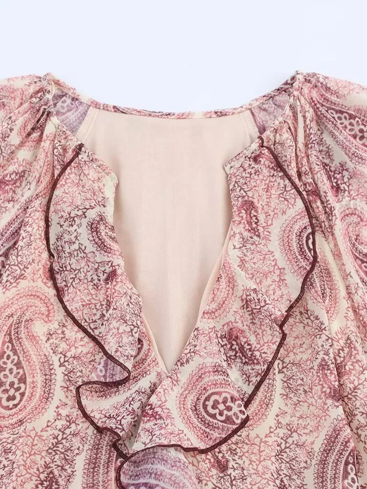 2025 ชุดสตรีฤดูร้อนVINTAGEพิมพ์ชีฟองVคอCascading RuffleแขนยาวหญิงElegant Street Dressesเสื้อผ้า