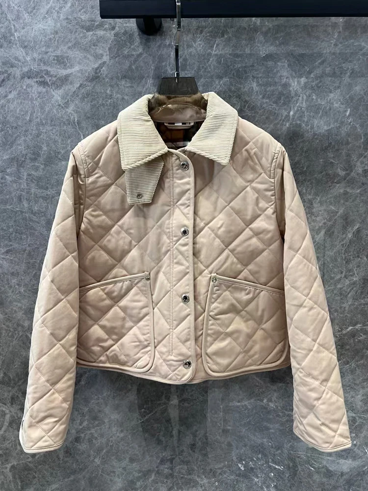 Retro color corduroy lapel diamond check short cotton-padded jacket 2024 autumn women's new fashion all-in-one straight jacket