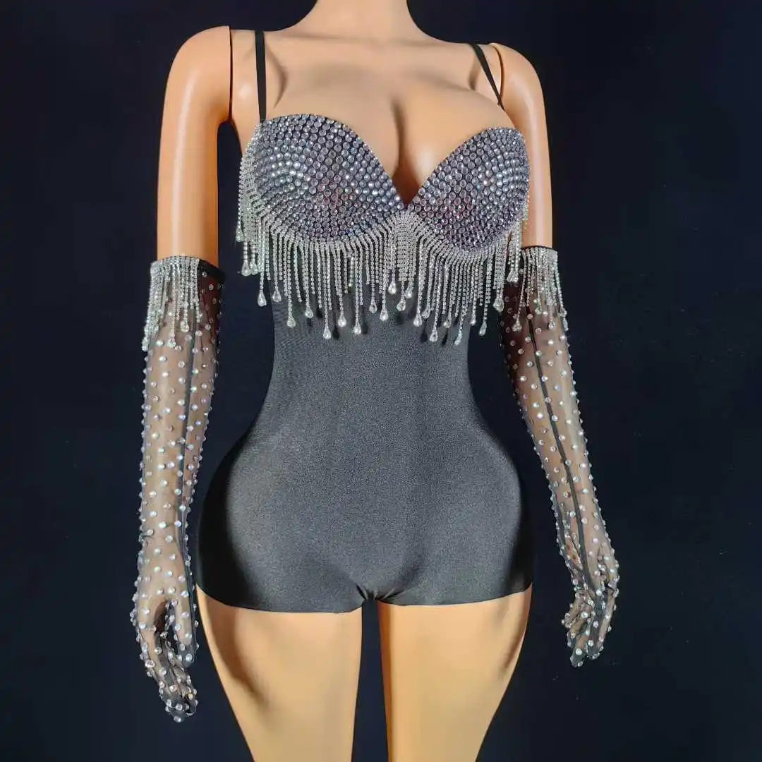 จั๊มพ์สูทสายเดี่ยวประดับพู่เซ็กซี่+ถุงมือ ชุดราตรีตาข่ายสำหรับงานพรอม งานเฉลิมฉลองวันเกิด ถ่ายภาพ โชว์บนเวที