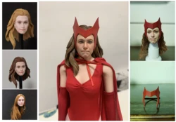1/6 New Ver. Elizabeth Olsen Pursed Lips Wanda Head Sculpt & Red Cloak Clothes Tights Fit for 12'' TBLeague Action Figure Body