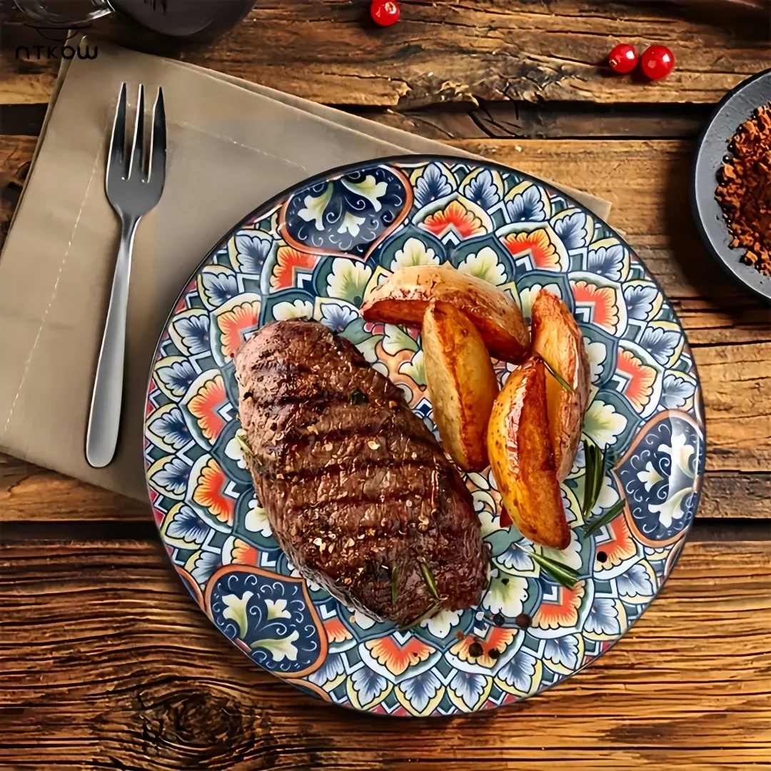 Bohemian ceramic shallow plate, Nordic retro western plate, light luxury household , round salad , steak , artist