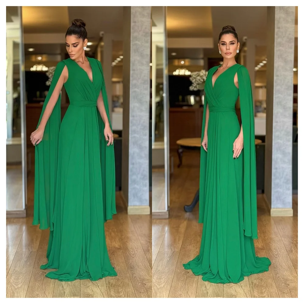 

Customized Elegant Green Chiffon Evening Dress Fashion V-Neck Sleeveless Spaghetti Straps Party Dress Temperament Celebrity Gown