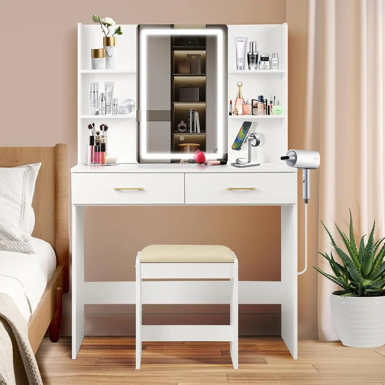 Vanity Set con specchio e sgabello e luci, Vanity Desk con specchio e presa di corrente, Vanity Desk con cassetti, White Vanity